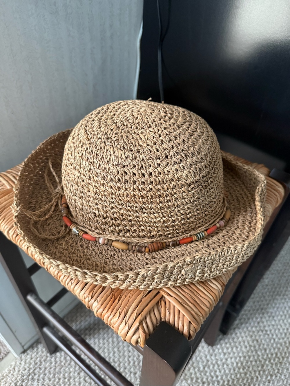 Woven Straw Sun Hat with Beaded Band - Natural Tan